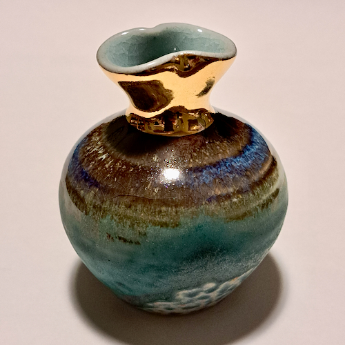 JP-004 Pottery Handmade Miniature Vase Teal, Blue, Gold $68 at Hunter Wolff Gallery