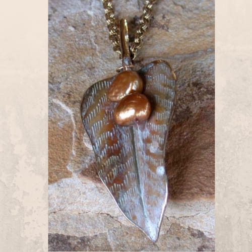 EC-070 Pendant Leaf with Double Bronze Pearls $120 at Hunter Wolff Gallery