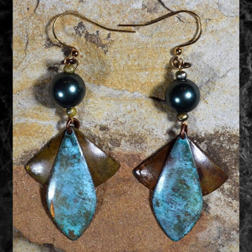 EC-081 Earrings Abstract Double Dangle-Green Pearl $57 at Hunter Wolff Gallery