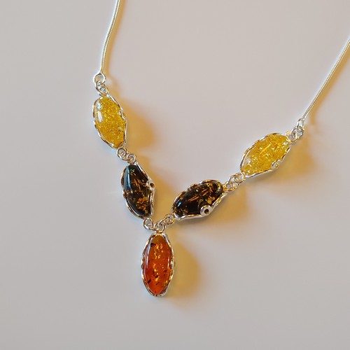 HWG-109 Necklace Yellow, Green 5 Amber Ovals $95 at Hunter Wolff Gallery