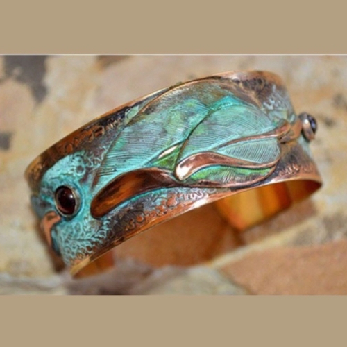 EC-098 Cuff-Olive Patina Solid Brass Contemporary Leaves $172 at Hunter Wolff Gallery