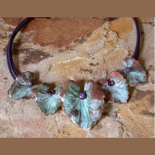 EC-118 Necklace-Brass Graduated Caladium Leaves  - Amethyst, Charoite $172 at Hunter Wolff Gallery