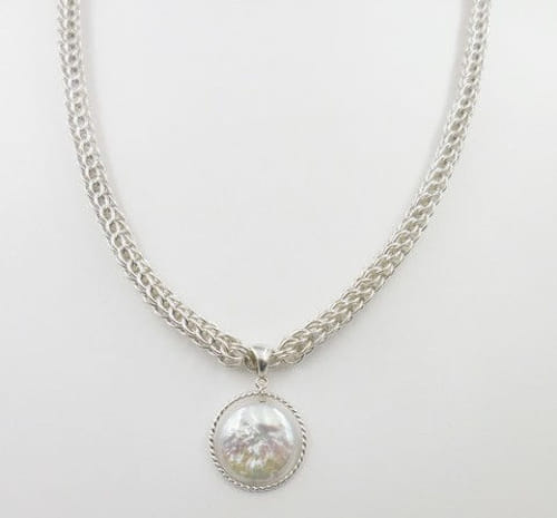 DKC-1019 Necklace, Silver with Coin Pearl at Hunter Wolff Gallery