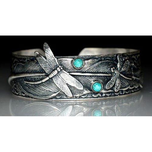 EC-002 Cuff Bracelet Dragonflies on Feather Cuff - Turquoise $109 at Hunter Wolff Gallery