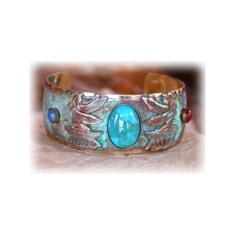 EC-004 Cuff Bracelet, Egyptian Motif Winged Goddess, Turquoise at Hunter Wolff Gallery