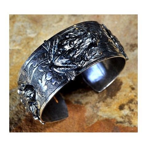 EC-012 Cuff Bracelet Antiqued Silver Solid Brass Sculptural Frogs $105 at Hunter Wolff Gallery