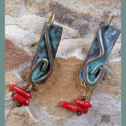 EC-060 Earrings Cast Brass Wonder, Red Italian Coral $92 at Hunter Wolff Gallery