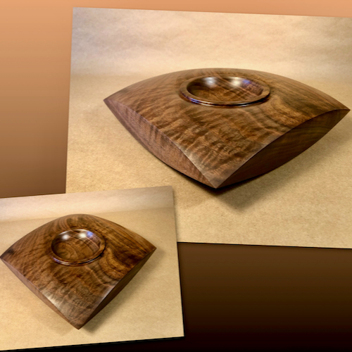 MH074 Vessel, Shallow Round in Square, Walnut $150 at Hunter Wolff Gallery