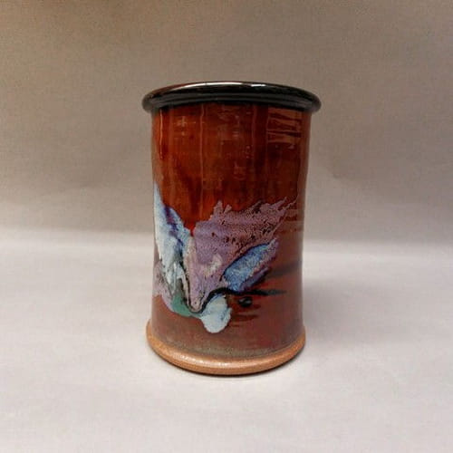 Utensil Caddy with Red Glaze and Splash of Blues at Hunter Wolff Gallery