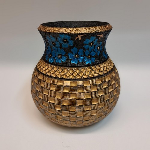 VL-007 Gold Vase with Blue Flowers $700 at Hunter Wolff Gallery