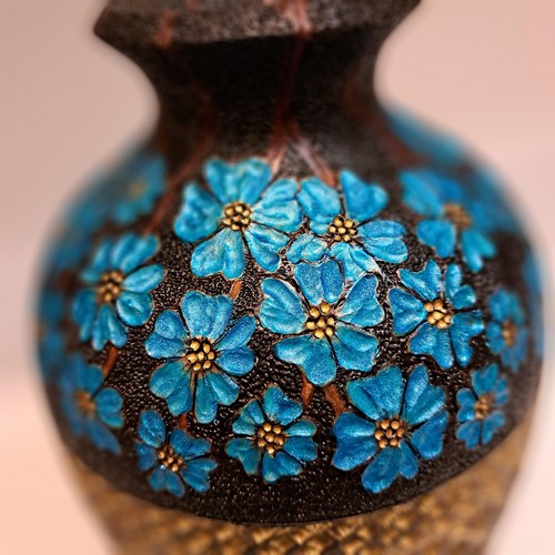 VL-008 Gold Vase with Blue Flowers $950 at Hunter Wolff Gallery