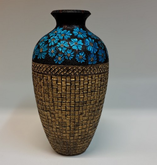 VL-008 Gold Vase with Blue Flowers $950 at Hunter Wolff Gallery