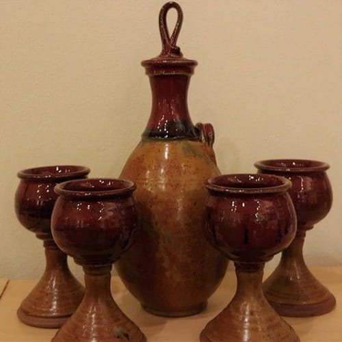 Wine Decanter, Red/Tan with Four Goblets at Hunter Wolff Gallery