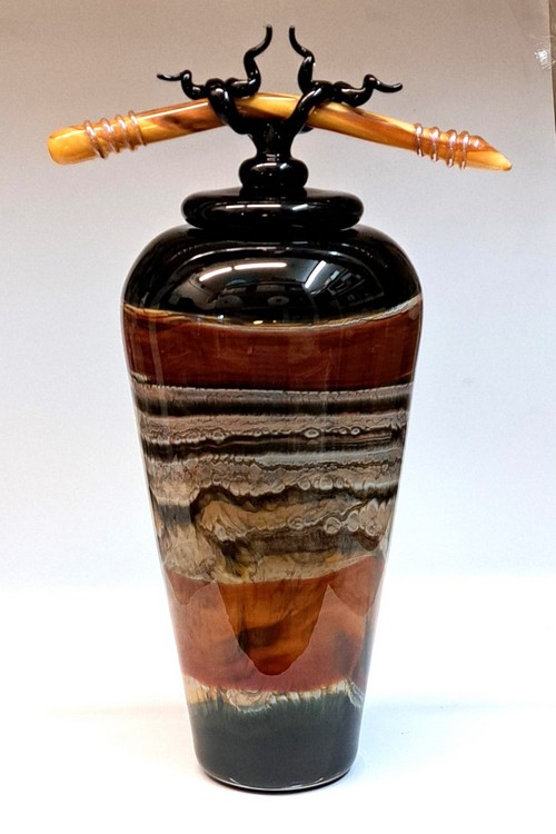 GBG-017 Jar, Black Opal Tangerine, Lidded $2200 at Hunter Wolff Gallery