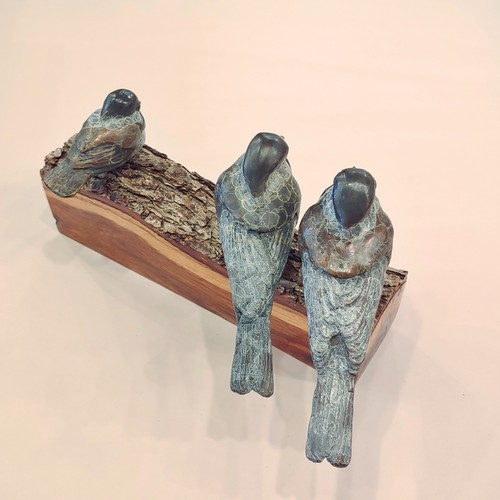 FL109 Three Chickadees on Log  4.75x10.25x5 $675 at Hunter Wolff Gallery