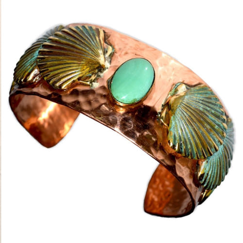EC-067 Cuff Oceania Overlapping Scallop Shells TQ $194 at Hunter Wolff Gallery