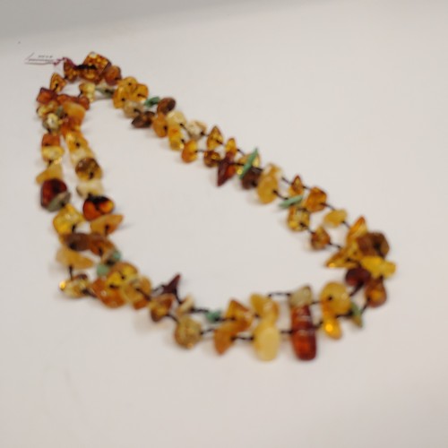 Click to view detail for HWG-098 Necklace, Vintage Hand Knotted Multi-Color Amber & TQ $135