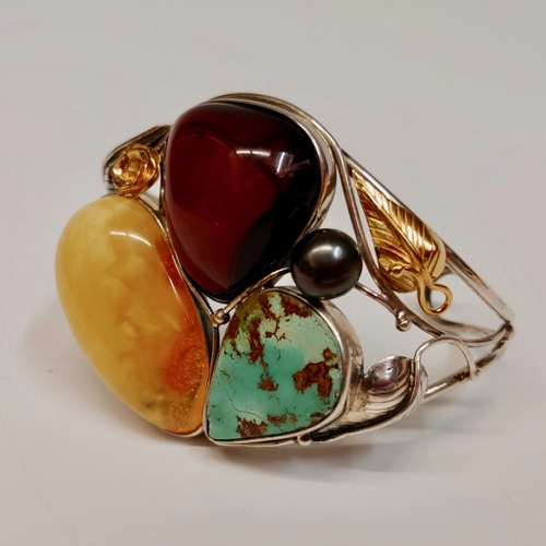 Click to view detail for HWG-125 Bangle, Light/Dark Amber/TQ/Pearl/Silver/Gold $426