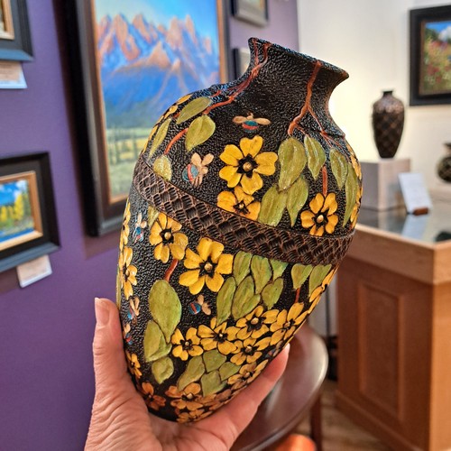 VL-014 Vase with Green Leaves, Yellow Flowers & Bees $900 at Hunter Wolff Gallery
