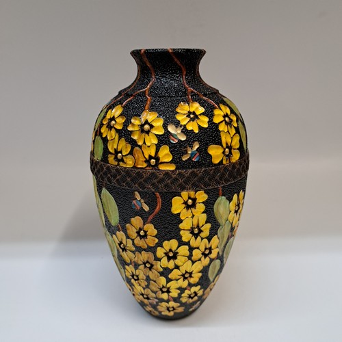 VL-014 Vase with Green Leaves, Yellow Flowers & Bees $900 at Hunter Wolff Gallery