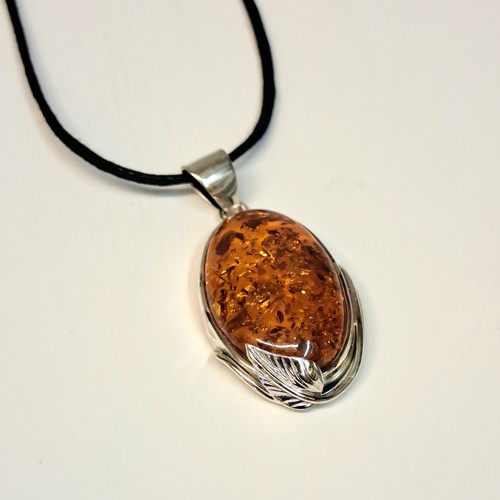 HWG-2325 Pendant, Oval Shaped Amber, Silver Leaf $80 at Hunter Wolff Gallery