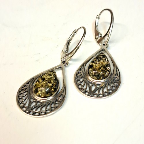  HWG-2438 Earrings, Ovals Green Amber Dangles; Silver Open Weave $40 at Hunter Wolff Gallery