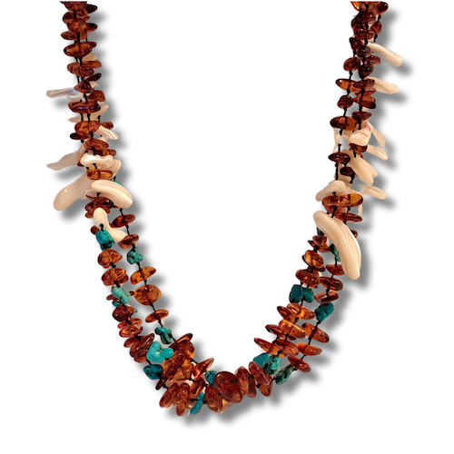 HW-4011 Necklace, Beads, TQ, Shell, Amber, 3 Strands $303 at Hunter Wolff Gallery