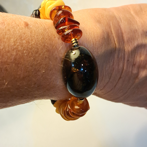 HW-547 Bracelet, Multi-Color, Nuggets with Large Oval, Stretchy $138 at Hunter Wolff Gallery