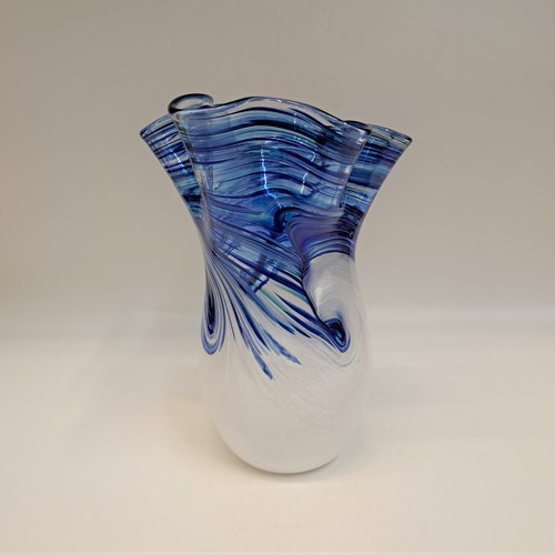DB-752 Vase blue and white wave fluted 6x3x3 $48 at Hunter Wolff Gallery