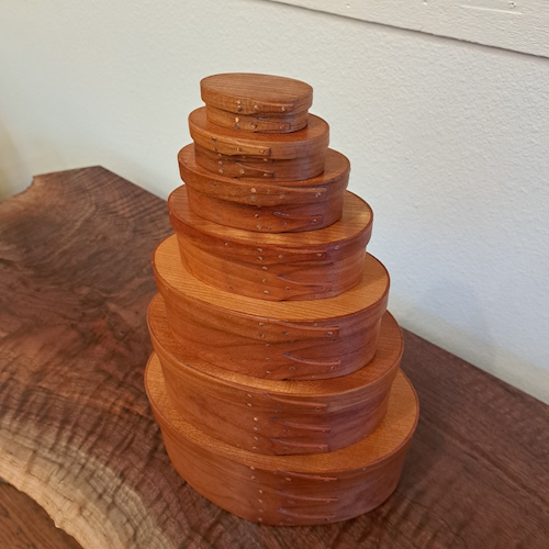 BJ-009 Shaker Oval Treasure (Nesting) Boxes, Set of 7, Cherry  $1900 at Hunter Wolff Gallery