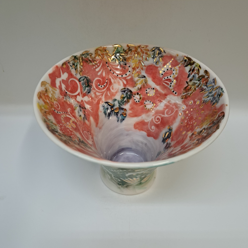 CP-004 Vase, Wide Mouth, Abstract Salmon-Green $350 at Hunter Wolff Gallery