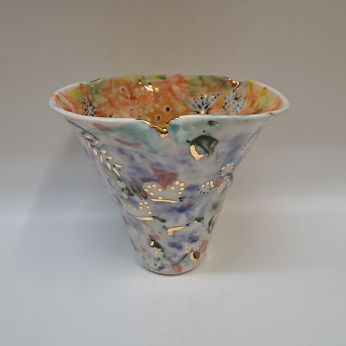 Click to view detail for CP-005 Vase, Wide Mouth, Abstract Yellow/Green/Orange-Purple $350