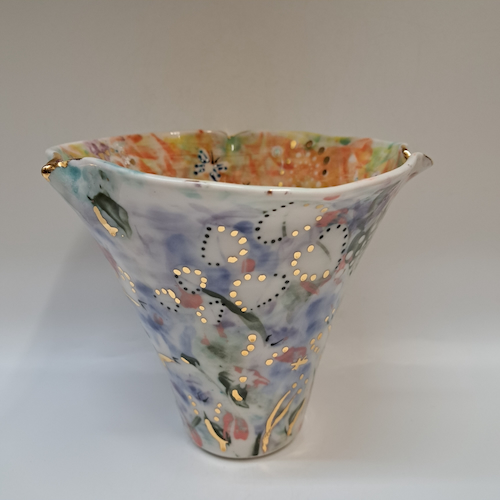 CP-005 Vase, Wide Mouth, Abstract Yellow/Green/Orange-Purple $350 at Hunter Wolff Gallery