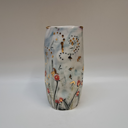 CP-008 Vase - Abstract, Poppies & Black Birds $195 at Hunter Wolff Gallery
