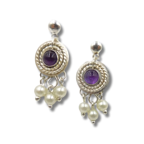 DKC-2067 Earrings, Round Amethyst Cabochon, 3 Pearls $90 at Hunter Wolff Gallery