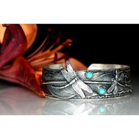 EC-002 Cuff Bracelet Dragonflies on Feather Cuff - Turquoise $109 at Hunter Wolff Gallery