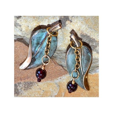 Click to view detail for EC-017 Earrings Olive Patina Solid Brass Contemporary Leaf - Garnet Dangle Charm $72.50