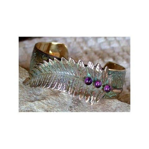 Click to view detail for EC-007 Cuff Bracelet Olive Patina Brass Fern Leaf - Amethyst $90