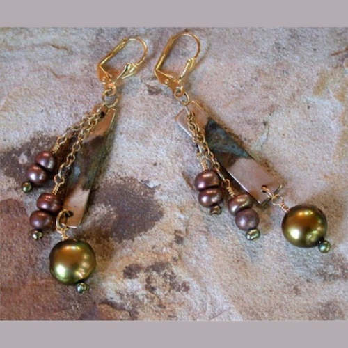 EC-154 Earrings Triple Dangle, Olive,Bronze Pearls $100 at Hunter Wolff Gallery