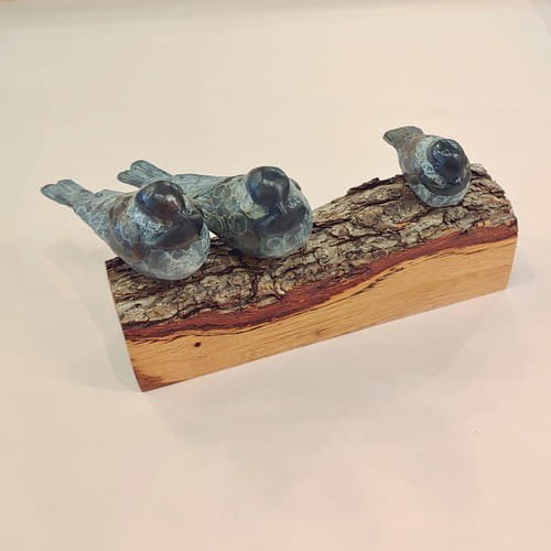 FL109 Three Chickadees on Log  4.75x10.25x5 $675 at Hunter Wolff Gallery