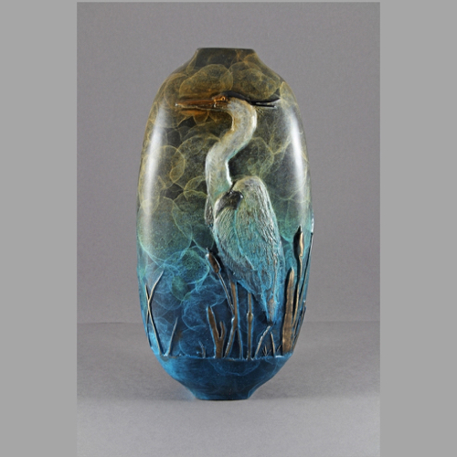 FL112 Blue Heron Vase 12x6x4 $1575 at Hunter Wolff Gallery