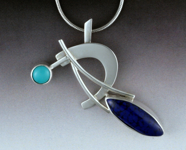 Click to view detail for MB-P378 Pendant, Sterling Silver, Turquoise and Lapis $518