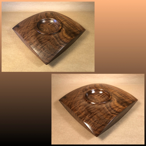 MH074 Vessel, Shallow Round in Square, Walnut $150 at Hunter Wolff Gallery