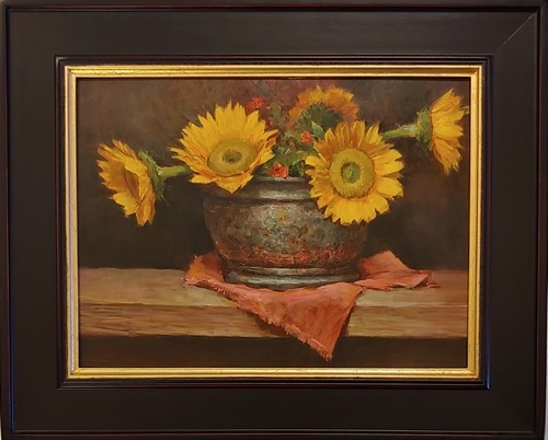 Click to view detail for Sunflowers in Brass 12x16 $950