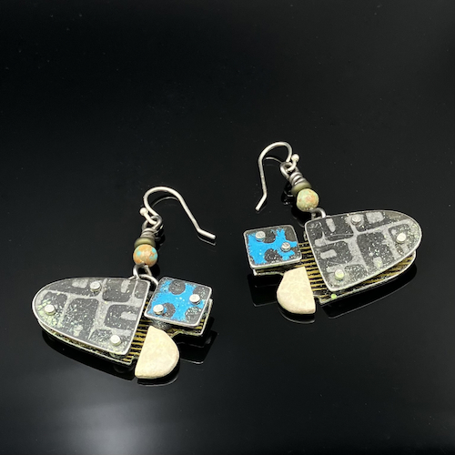 TC-027 Earrings, Gray/Turquoise/Cream $150 at Hunter Wolff Gallery