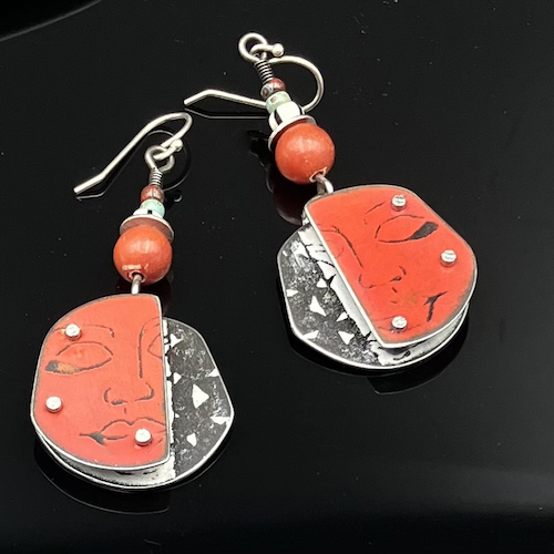 TC-032 Earrings, Red Zen Face $150 at Hunter Wolff Gallery