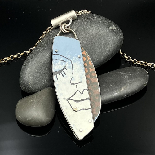 TC-041 Pendant, Denim/Brown Face With Pearl $225 at Hunter Wolff Gallery